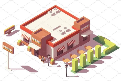 快餐餐馆大厦建筑插画设计素材Vector isometric low poly fast food restaurant