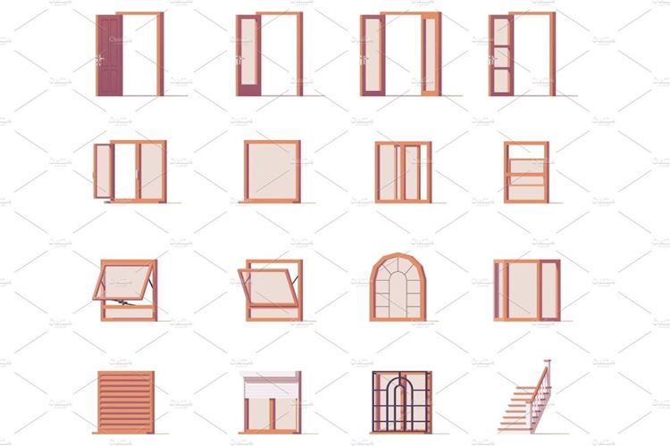 矢量低聚窗户Vector windows and doors set