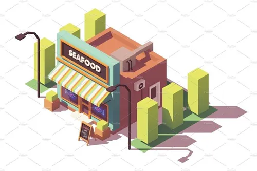 海鲜商店大厦建筑插画设计素材Vector isometric fish and seafood shop