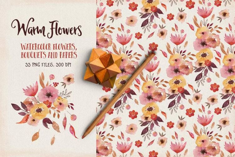 暖色系水彩花卉剪贴画 Warm Flowers