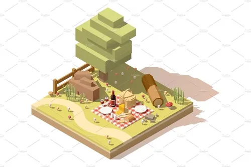 露营地设备Vector isometric low poly campsite