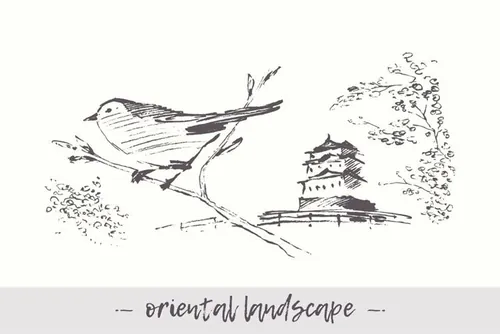 手绘鸟儿矢量插图Landscape with bird and pagoda