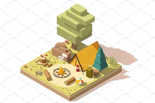木头露营地Vector isometric low poly campsite