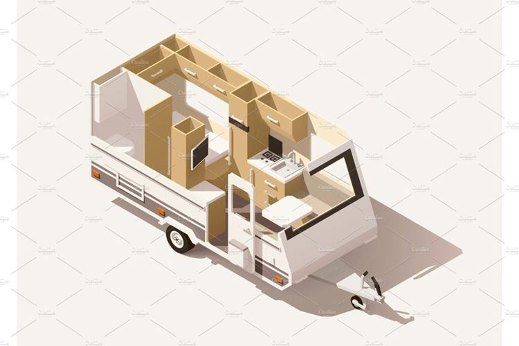 有蓬卡车拖车Vector isometric low poly camper trailer