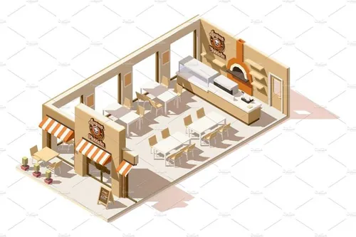 比萨店餐馆内部Vector isometric low poly pizzeria
