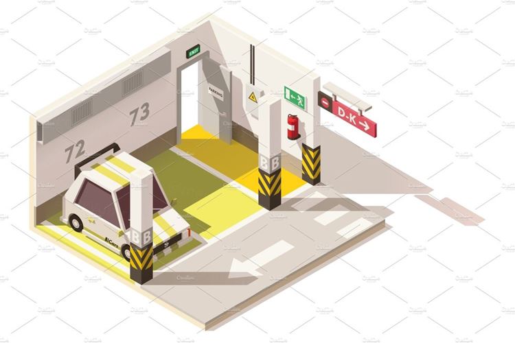 地下停车场Vector isometric low poly underground car parking