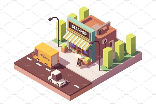 海鲜商店插画设计素材Vector isometric fish and seafood shop