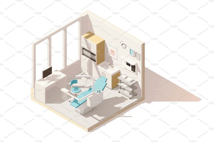 牙齿办公室Vector isometric low poly dental office
