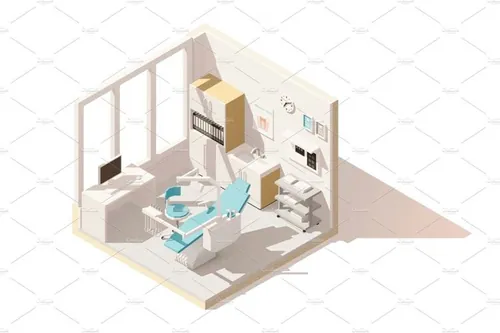 牙齿办公室Vector isometric low poly dental office