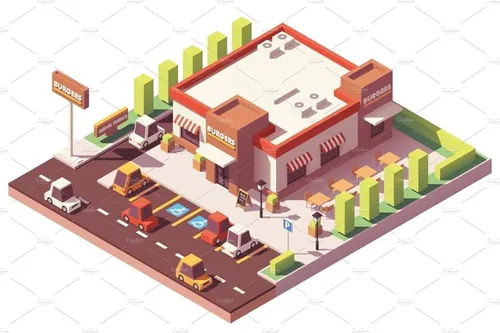 快餐餐馆插画设计素材Vector isometric low poly fast food restaurant