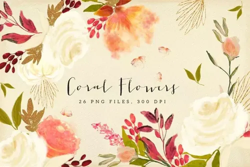 珊瑚花水彩剪贴画 Coral Flowers