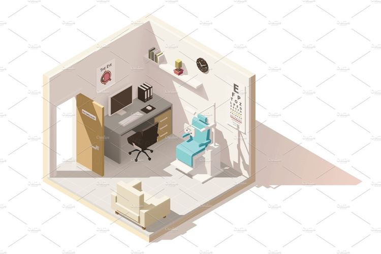 眼科医生办公室Vector isometric low poly ophthalmologist office
