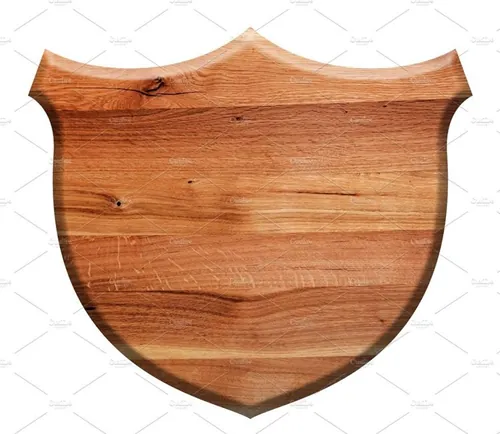 木头盾牌标志设计元素Wooden shield isolated on white.