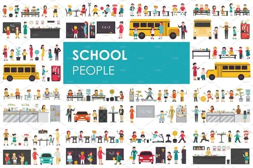 矢量学校场景插图素材School - flat people set