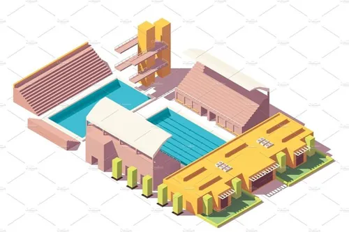 等距跳台游泳池比赛现场插画素材Vector isometric low poly swimming pool