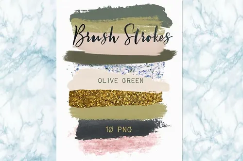 手绘笔刷形状设计素材Brush strokes clipart. Olive green.