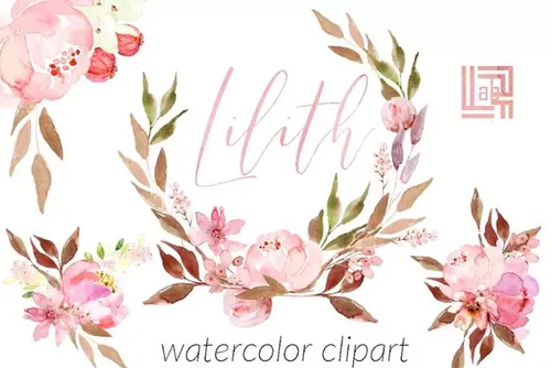 粉色水彩花卉剪贴画 Lilith. Pink waterco