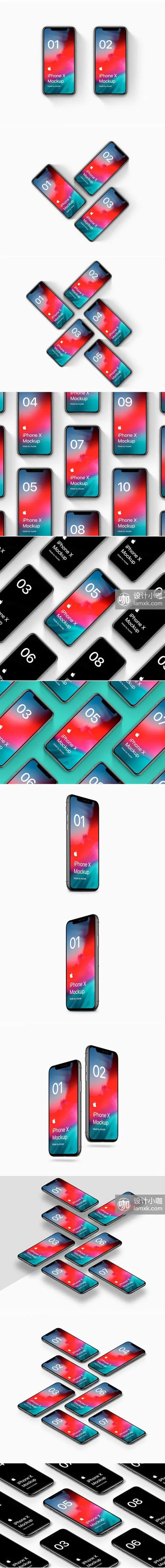 多角度带质感排列效果的 iPhone X 应用APP设计展示样机 iPhone X 16 Mockups