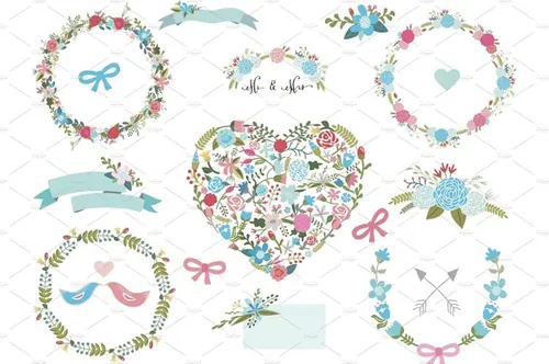 矢量蓝色主题花卉花环插图素材Floral clip art set 4