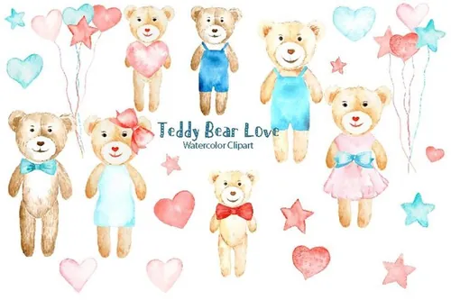 可爱水彩手绘泰迪熊剪贴画 Watercolor Clipart Teddy Bear Love
