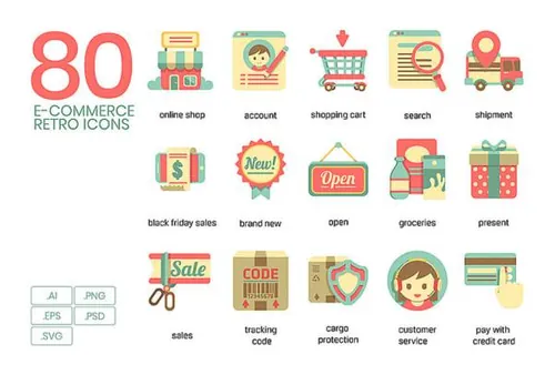 80个复古风格电子商务零售购物物流运输矢量图标集E-Commerce Retro
