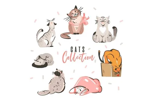 可爱有趣的猫咪水彩手绘插图素材 Cats collection