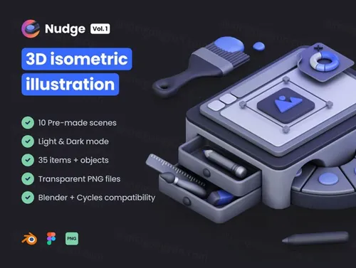 高质量2.5D等距风数码游戏概念3D插画图标素材 Nudge