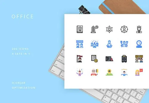 200个办公室工作填充轮廓矢量图标集Office