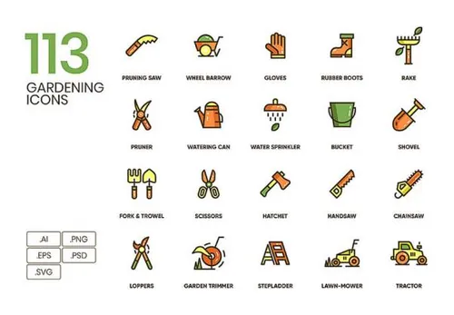 113个园艺植物农业农作物蔬菜水果矢量图标集Gardening Icons
