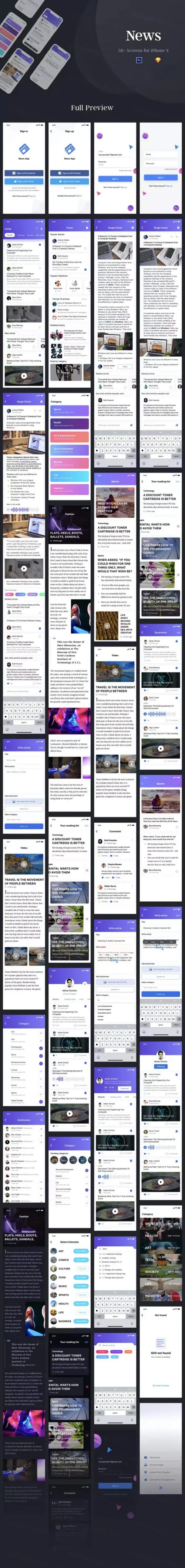 时尚现代高端新闻资讯类APP UI KITS For iPhone X