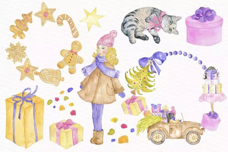 圣诞节快乐手绘水彩剪贴画  A Merry Little C