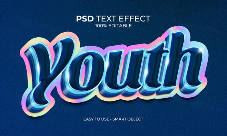 青年全息渐变彩虹卡通主题字3D文字智能可编辑立体字体特效文本