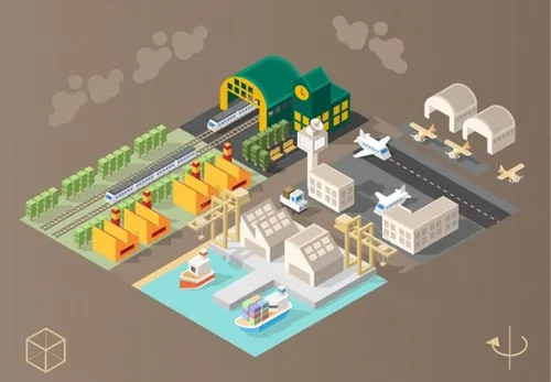 2.5D等轴等距立体城市建筑飞机场火车站矢量组合元素