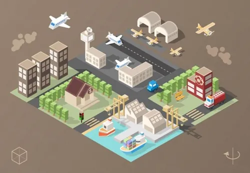 2.5D等距等轴立体城市建筑飞机场消防队矢量组合元素