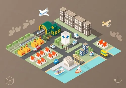 2.5D等距等轴立体城市建筑火车站医院矢量组合元素