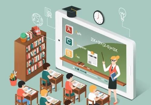 2.5D等距等轴学校课堂上课矢量插图