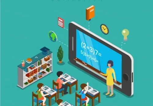 2.5D三维立体学校课堂授课培训矢量插图