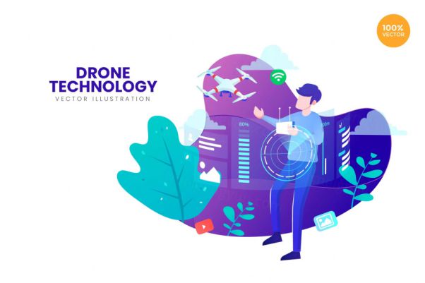 无人机技术主题APP网站设计矢量插画