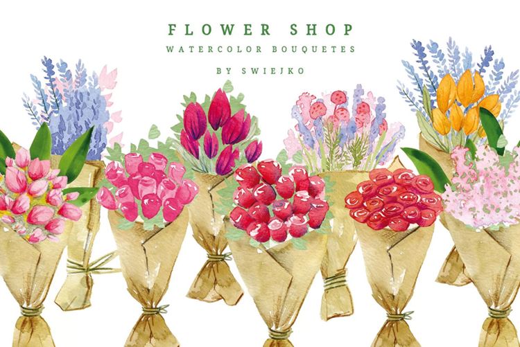 花店水彩花束剪贴画 Flower Shop , waterc