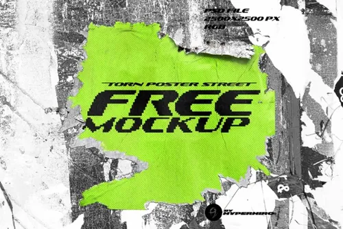 潮流街头墙面撕毁破旧海报宣传单设计提案展示样机模板 Mockup Torn Poster Street