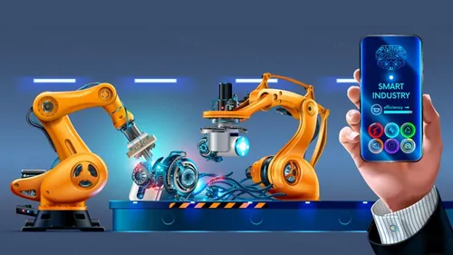 机器人机械手臂智能管理APP智能手机设备远程控制概念插画素材