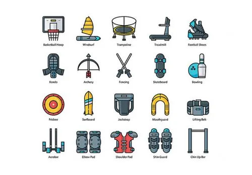 65个体育运动健身设备平面矢量图标集Sport Equipment Icons