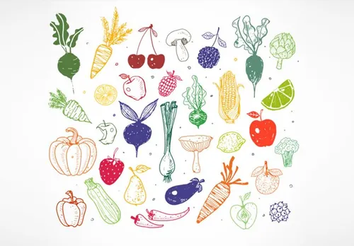 手绘卡通白色涂鸦水果蔬菜健康食品矢量示意图设计素材Healthy food