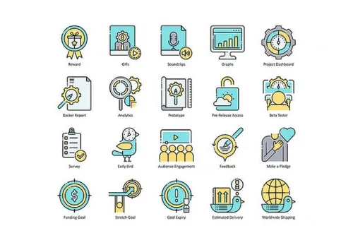 66个社区协作项目认可投资者IPO众筹平台彩色矢量线图标Crowdfunding