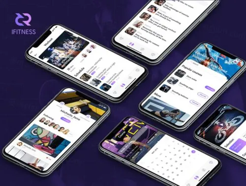 紫色时尚体育运动健身锻炼健康管理移动手机应用程序UI工具包iFITNESS UI