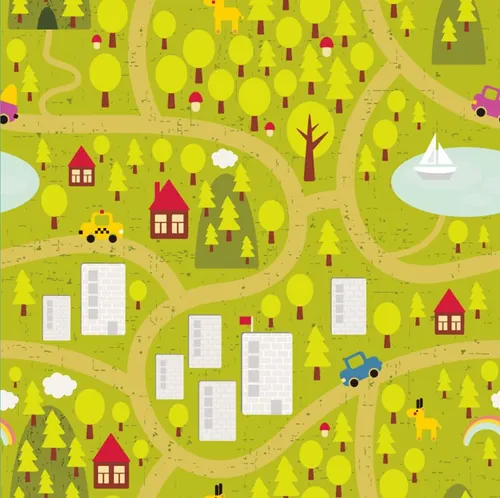 手绘卡通地图无缝模式小城镇农村场景矢量景观插图设计素材Cartoon map