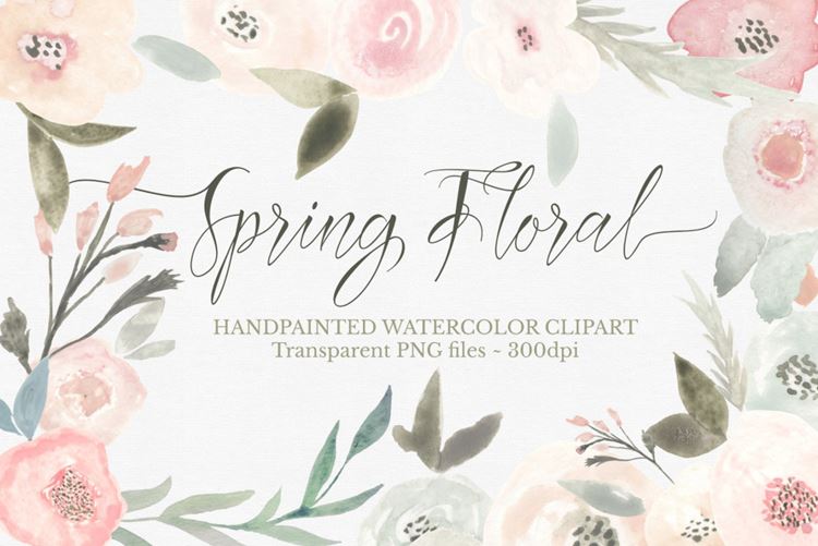 春天花卉水彩剪贴画 Spring Floral Waterc