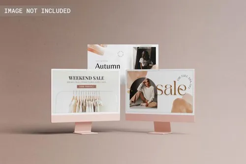 最新粉色苹果电脑网页设计多屏贴图展示样机模板 Imac 20