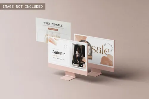 最新粉色苹果电脑网页设计多屏贴图展示样机模板 Imac 20