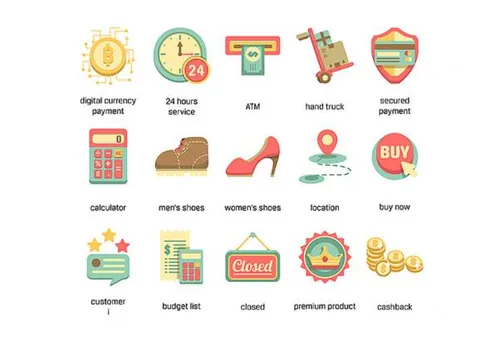 80个电子商务零售购物支付物流运输复古矢量图标集E-Commerce Icons